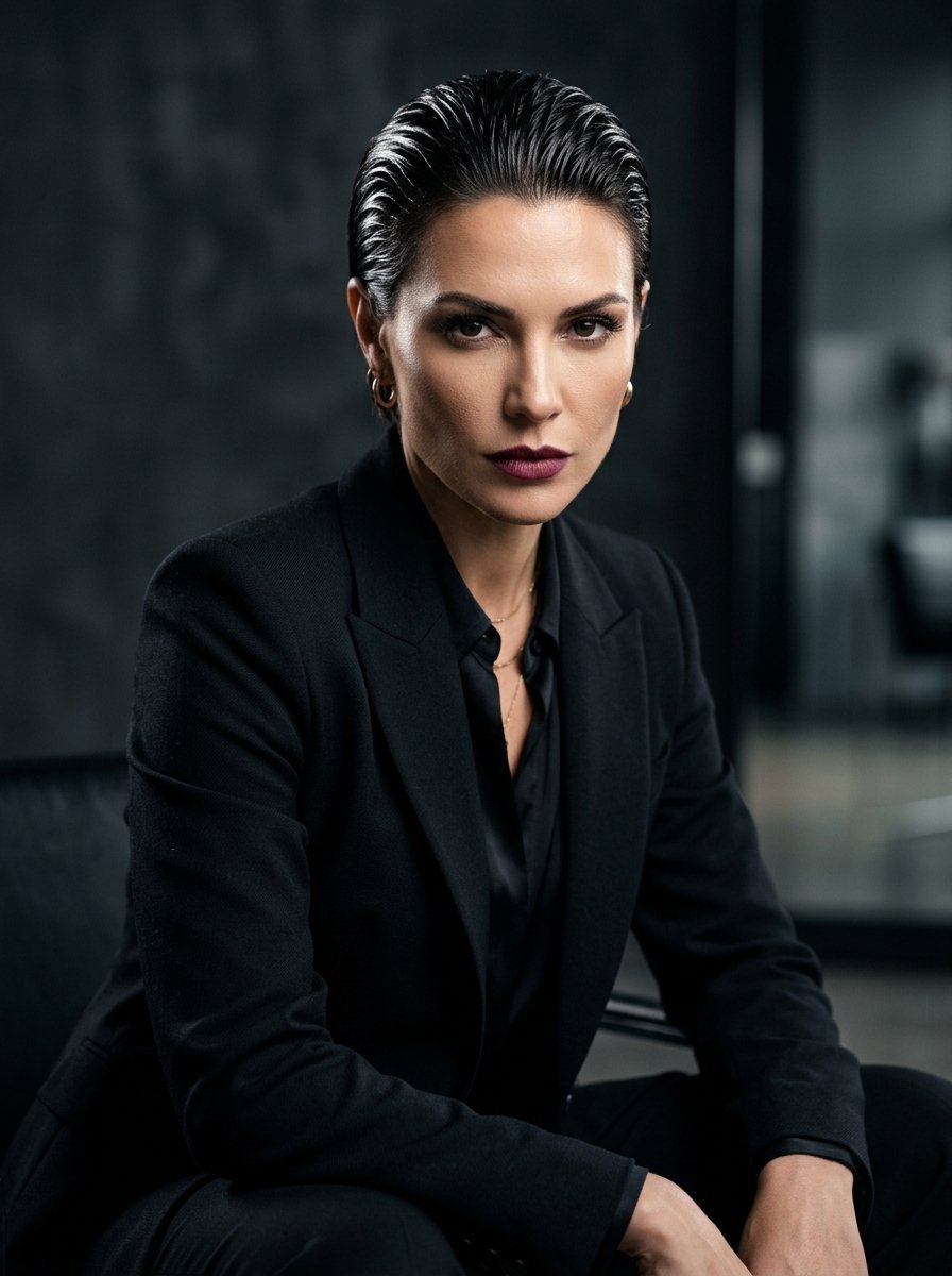Portrait of a woman with slicked hair, wearing a dark blazer, looking directly at the camera.