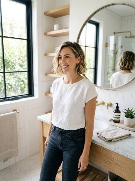 Smiling woman with short wavy blonde hair in a white linen shirt inside a brightly lit marble bathroom.