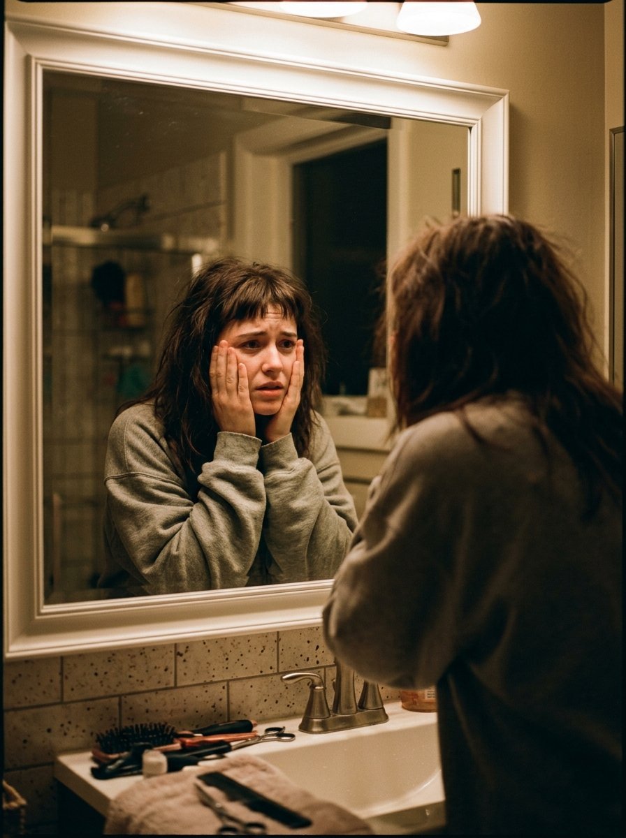 Close-up of a woman in a grey sweatshirt with messy hair holding her face while looking in a bathroom mirror.