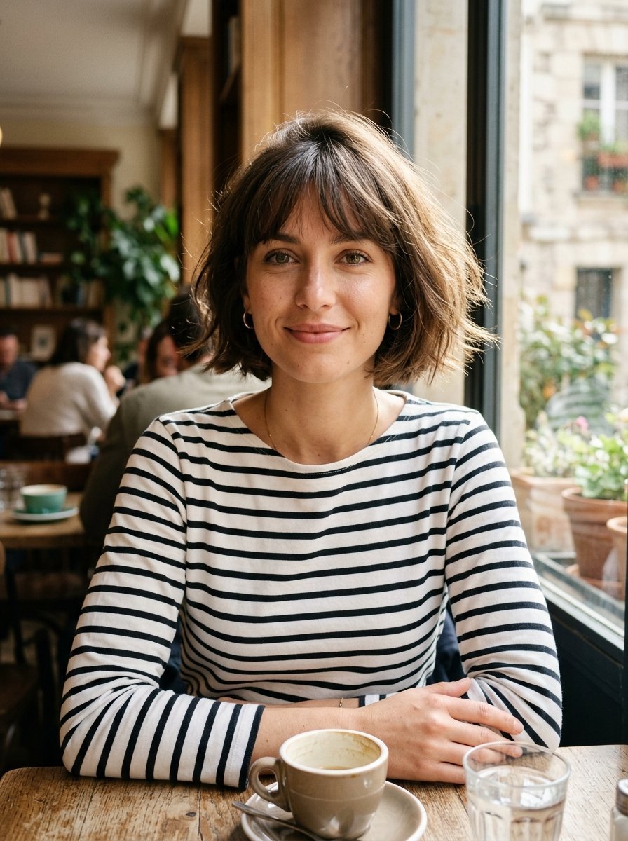 A brunette woman with short hair and a striped top sitting at a table in a cafe with a cup of coffee.