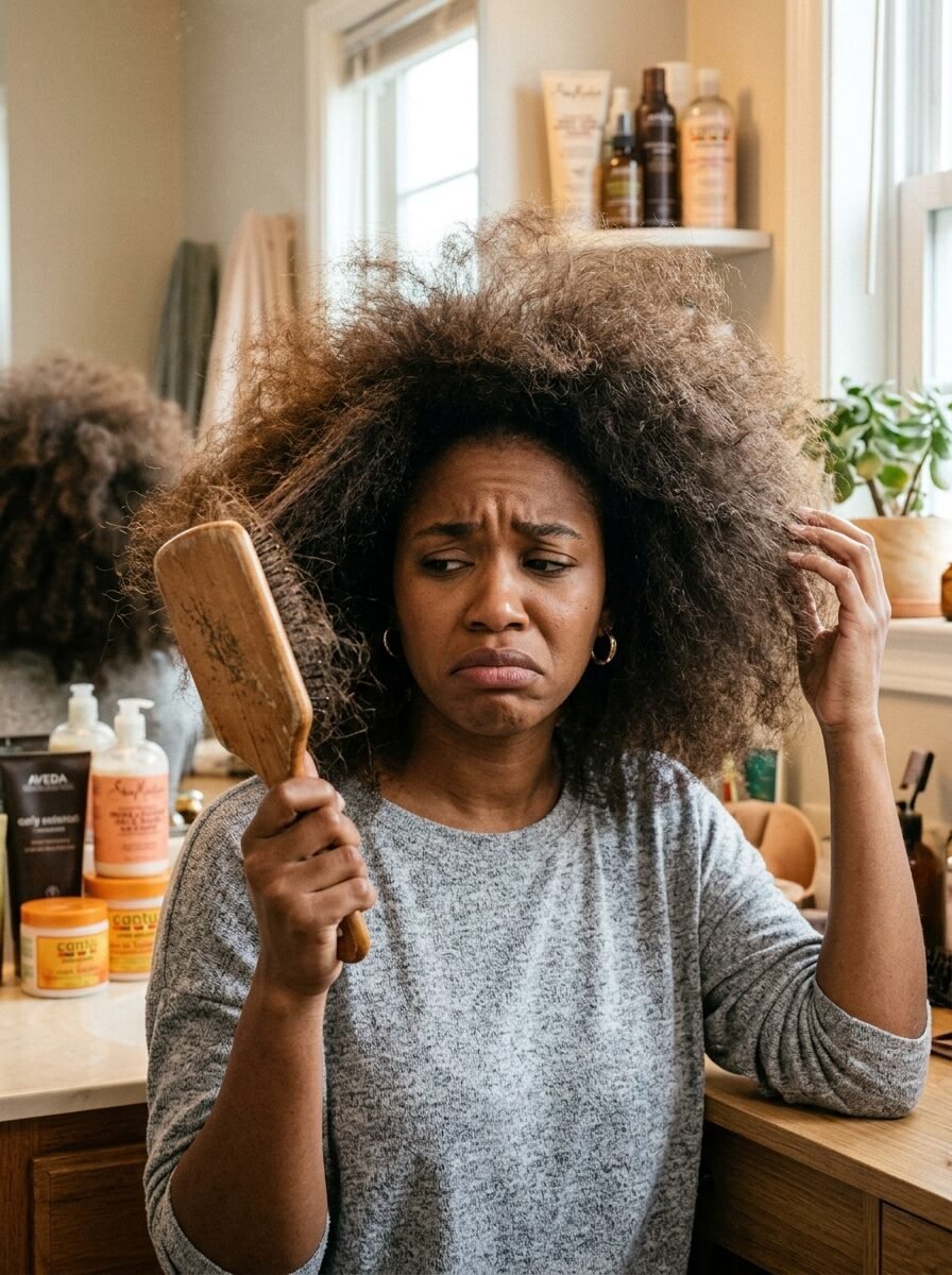 A Black woman with voluminous natural hair looks concerned while holding a hairbrush filled with shed hair.