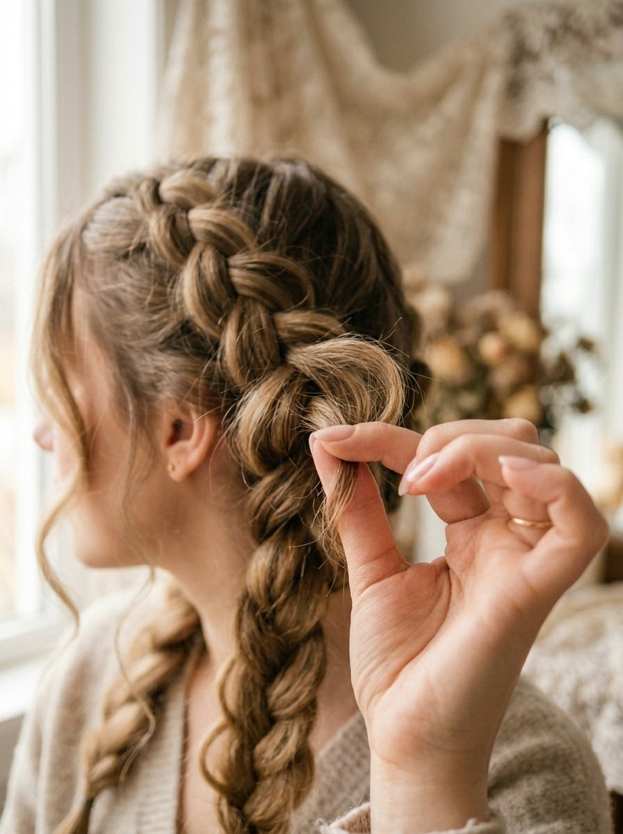 Close-up of a woman's hand gently pulling a strand of her blonde dutch braided hairstyle.
