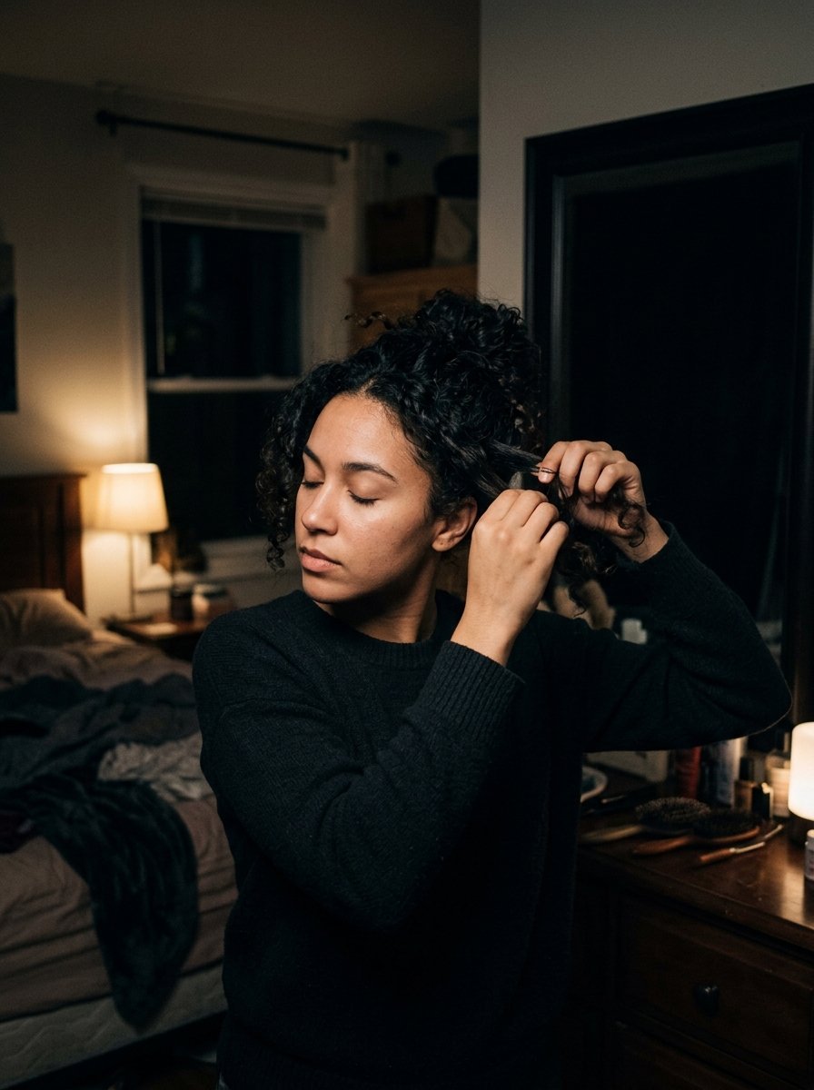 Close up of a woman wearing a black sweater adjusting her curly hair into an updo while standing in a dark bedroom.
