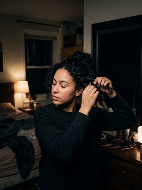 Young woman with dark curly hair using a curling iron in front of a mirror in a dimly lit bedroom.