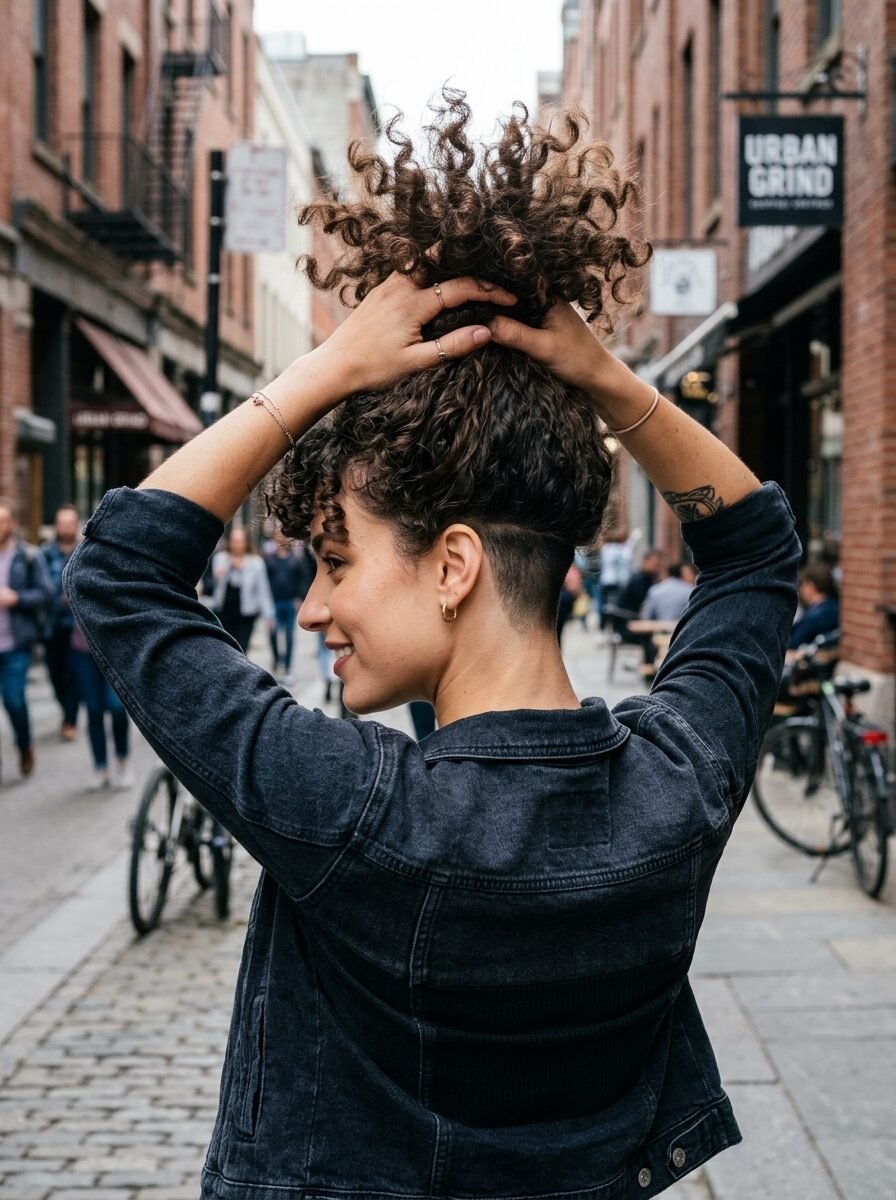 Close up of a smiling woman with curly hair and an undercut hairstyle standing on a city street.