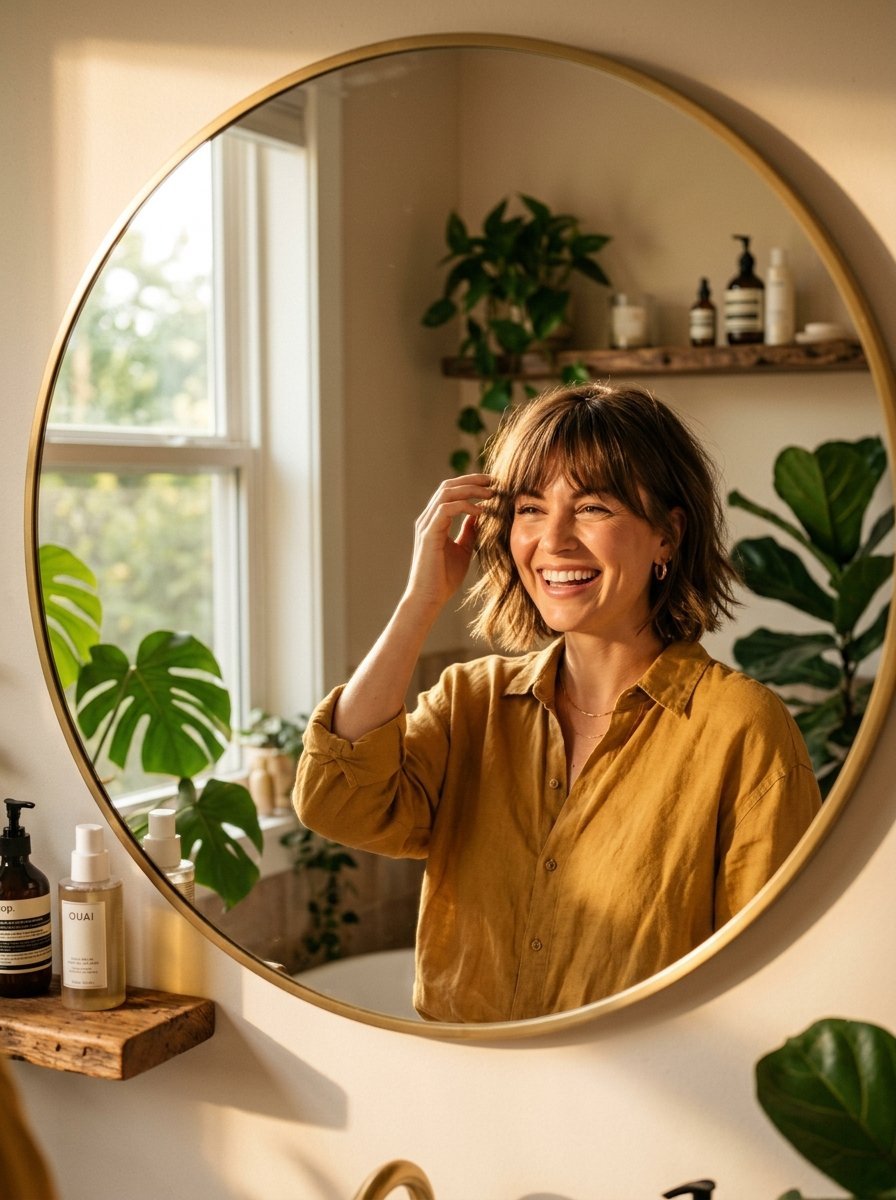 A woman in a mustard shirt smiles at her reflection in a circular bathroom mirror filled with indoor plants.