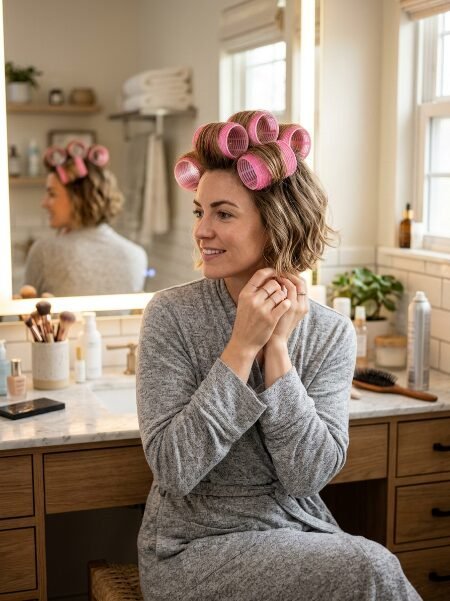 A woman with short brown hair wearing pink velcro rollers sitting in a bright bathroom.