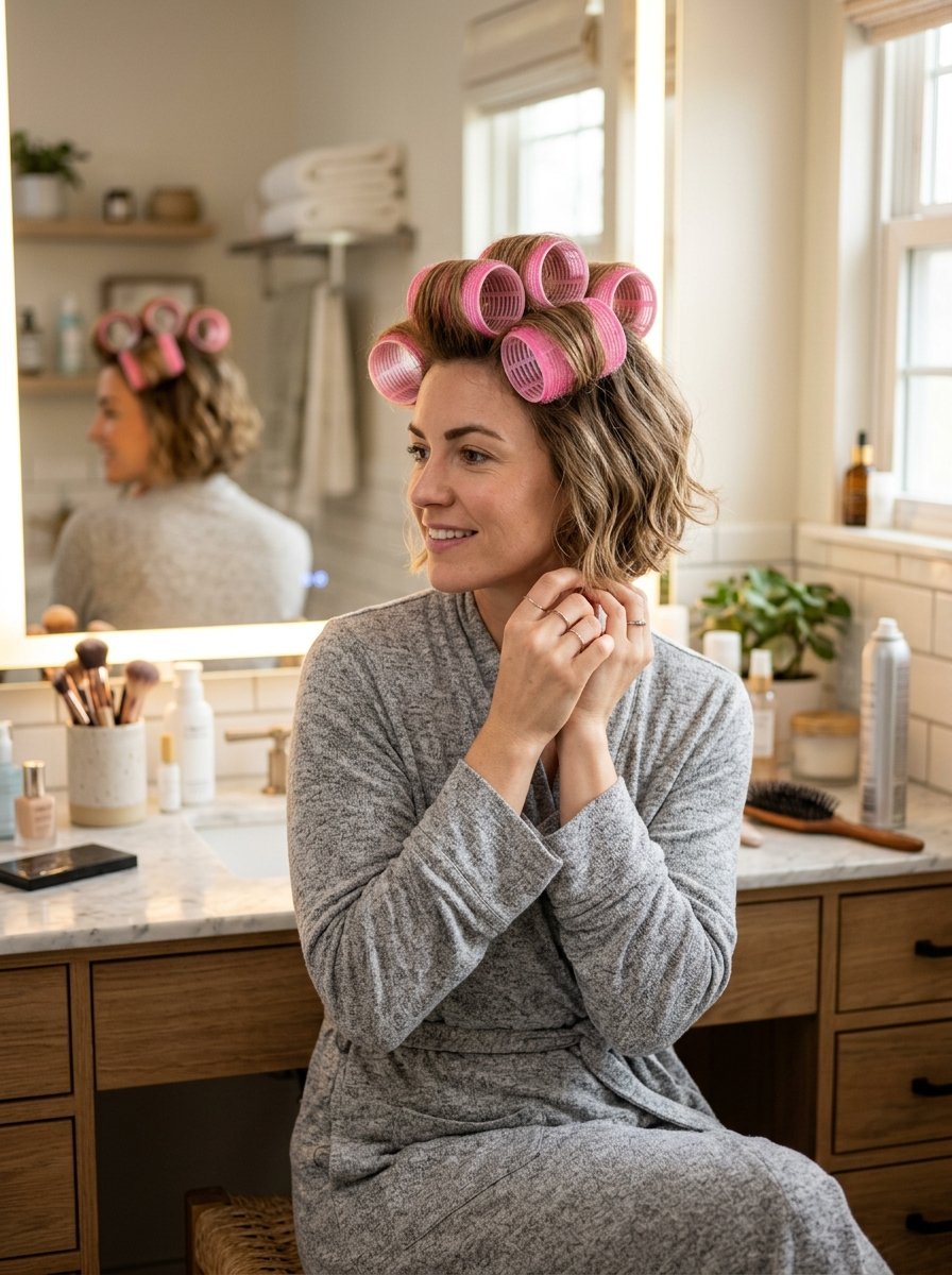 A smiling woman in a grey robe with large pink velcro rollers in her hair sitting at a bathroom vanity mirror.