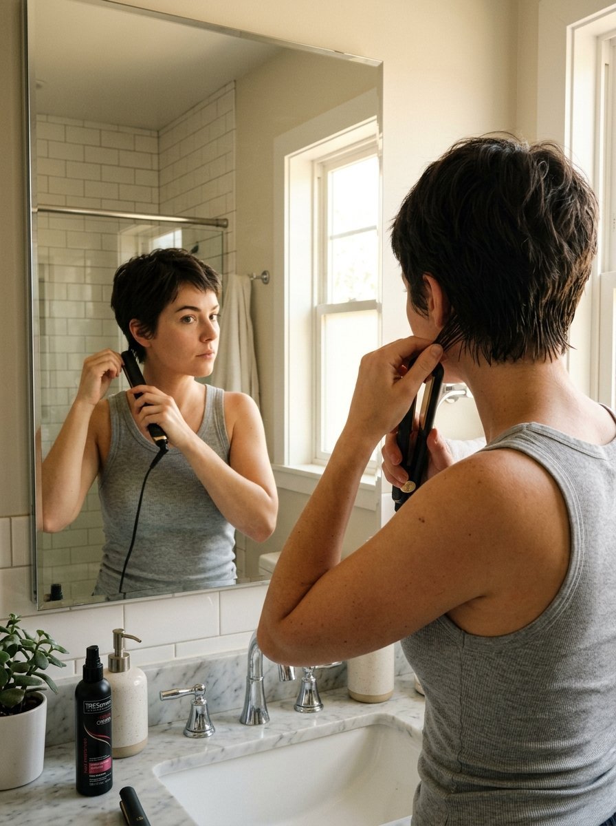 A person with a pixie cut using a hair straightener while looking in the bathroom mirror.