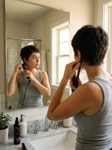 A person with a pixie cut styles their hair in front of a bathroom mirror holding a hair straightener.