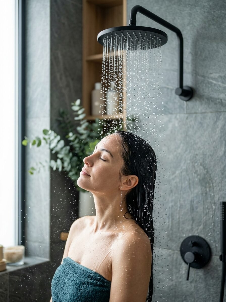 Close-up of a woman with eyes closed standing under a modern black overhead rainfall shower head.
