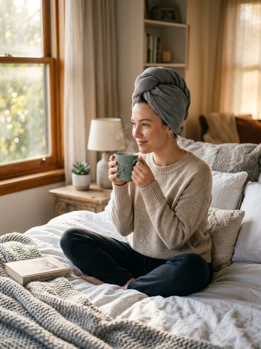 Woman in a grey hair towel turban holding a steaming mug on a cozy bed with a book nearby.