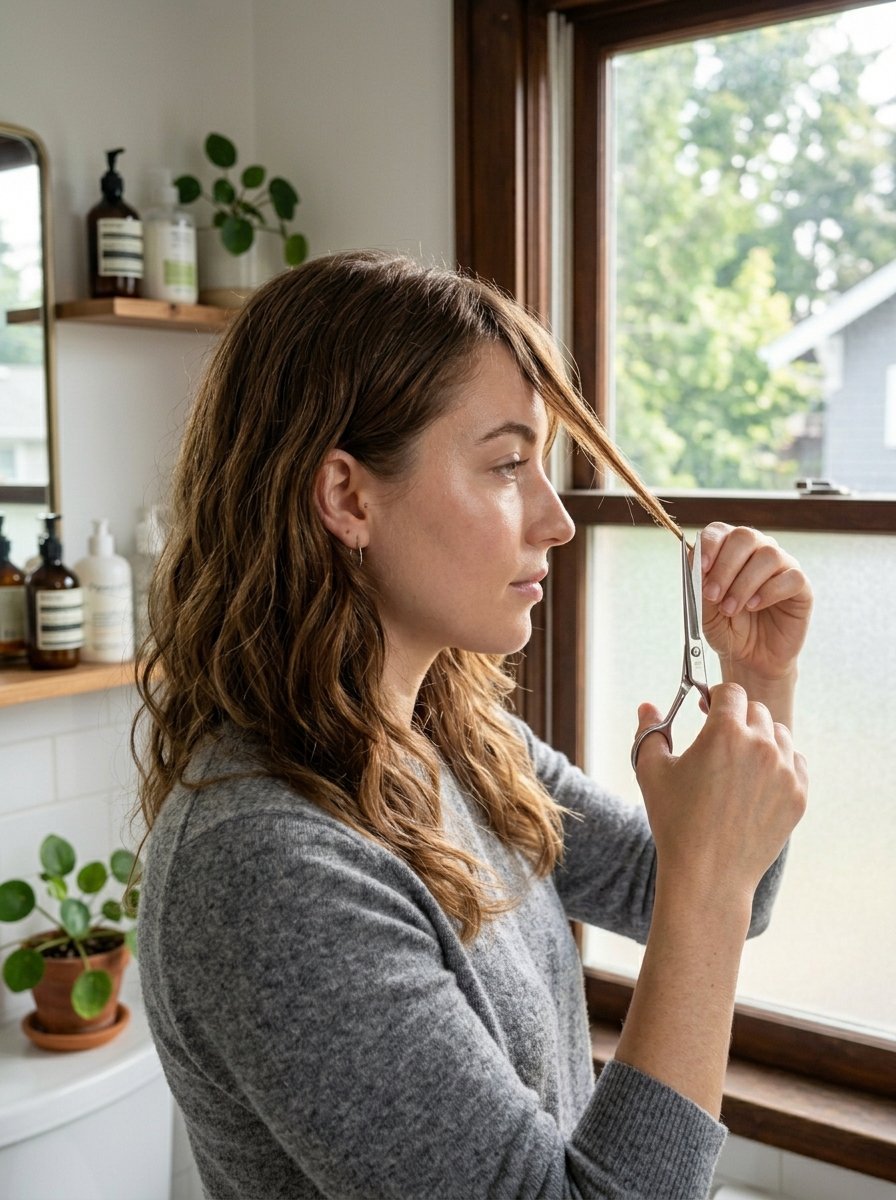 Side profile of a woman using professional scissors to cut a small section of her wavy brown hair in a bathroom.