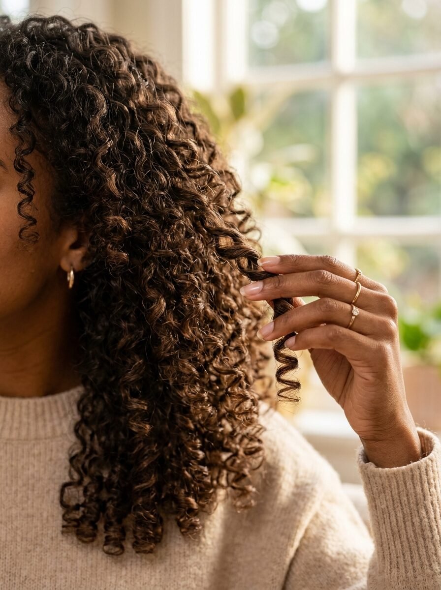 Close-up of a person with dark curly hair holding a ringlet with fingers wearing gold rings.
