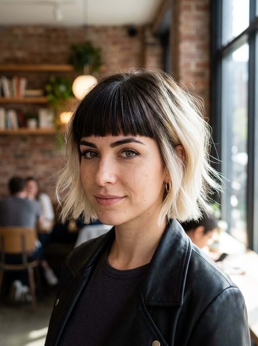 Close-up portrait of a woman wearing a black leather jacket with a short two-toned hairstyle sitting in a coffee shop.