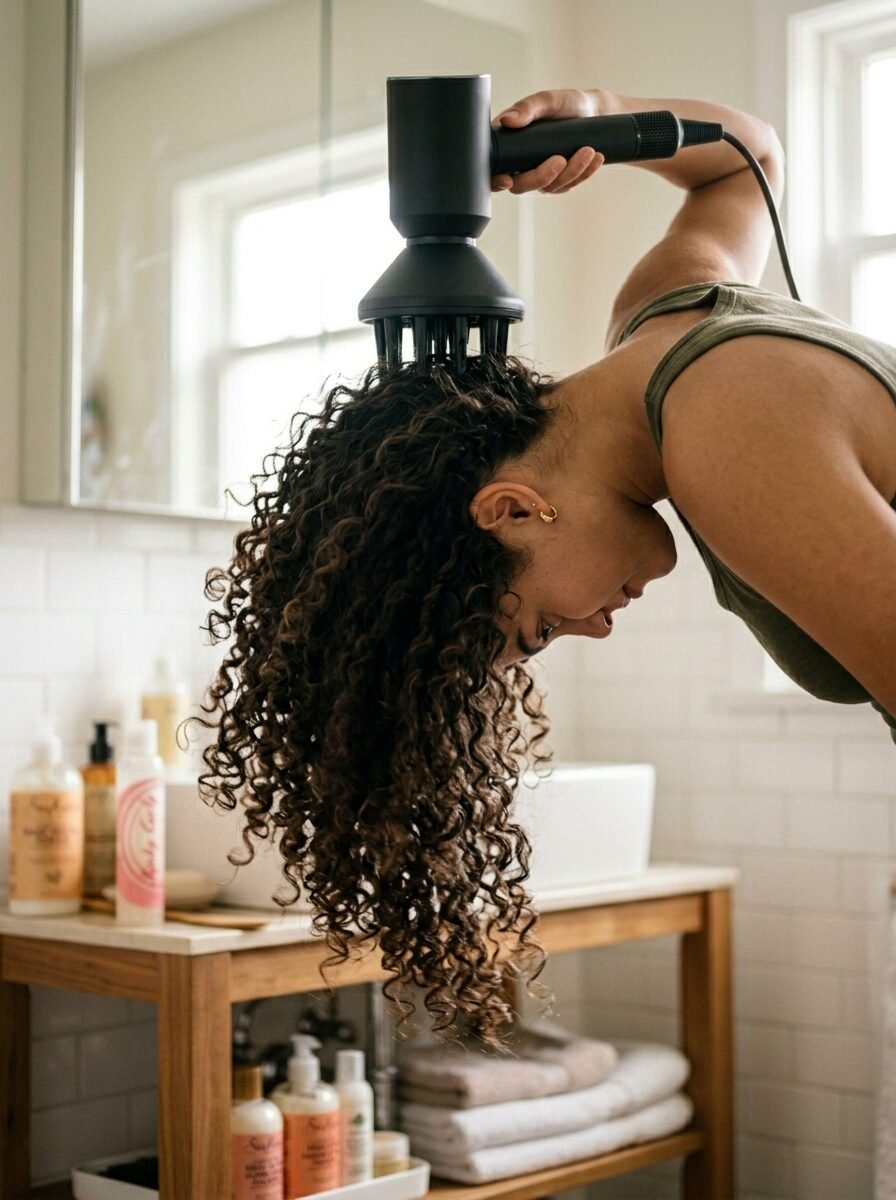 Person bending over while using a black hair dryer with a diffuser to style curly hair in a bright bathroom.