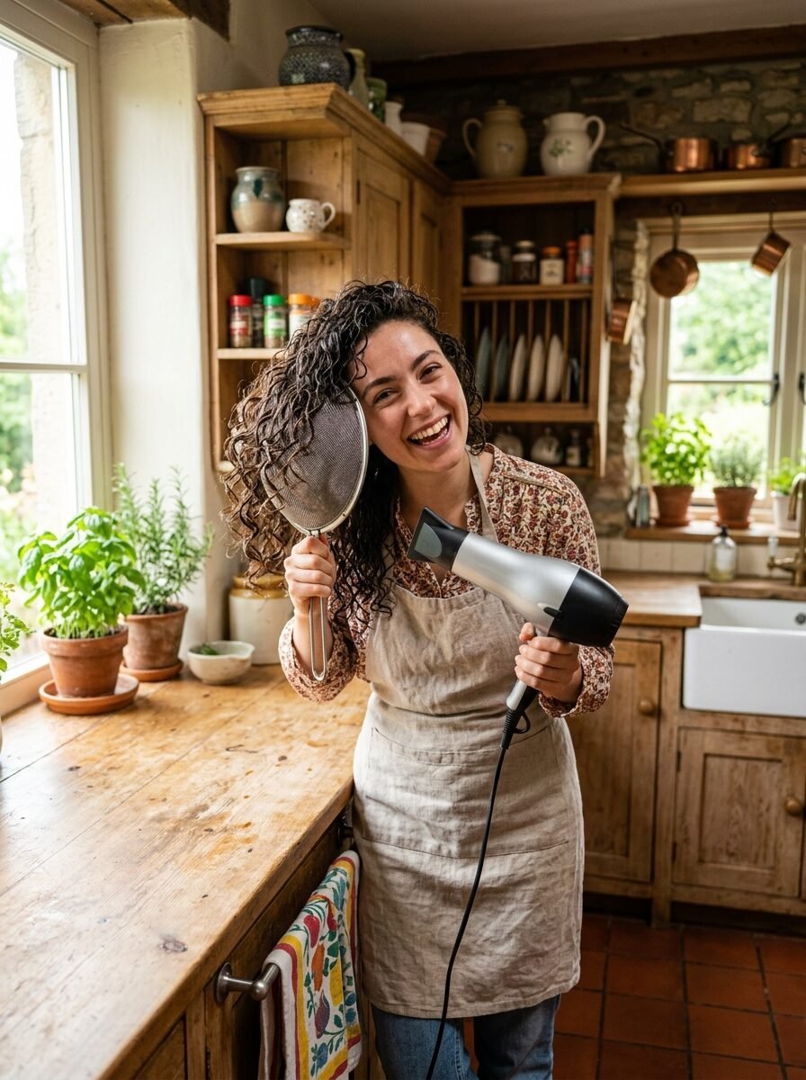 Smiling woman in an apron drying her curly hair using a metal kitchen sieve as a diffuser and a handheld hairdryer.