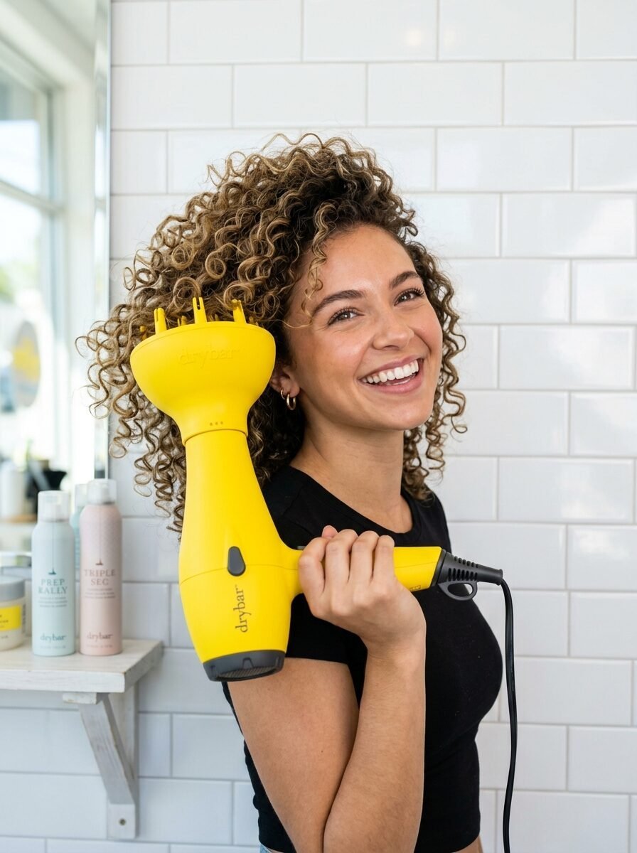 Smiling woman in a black shirt holding a bright yellow hair dryer with a diffuser attachment.
