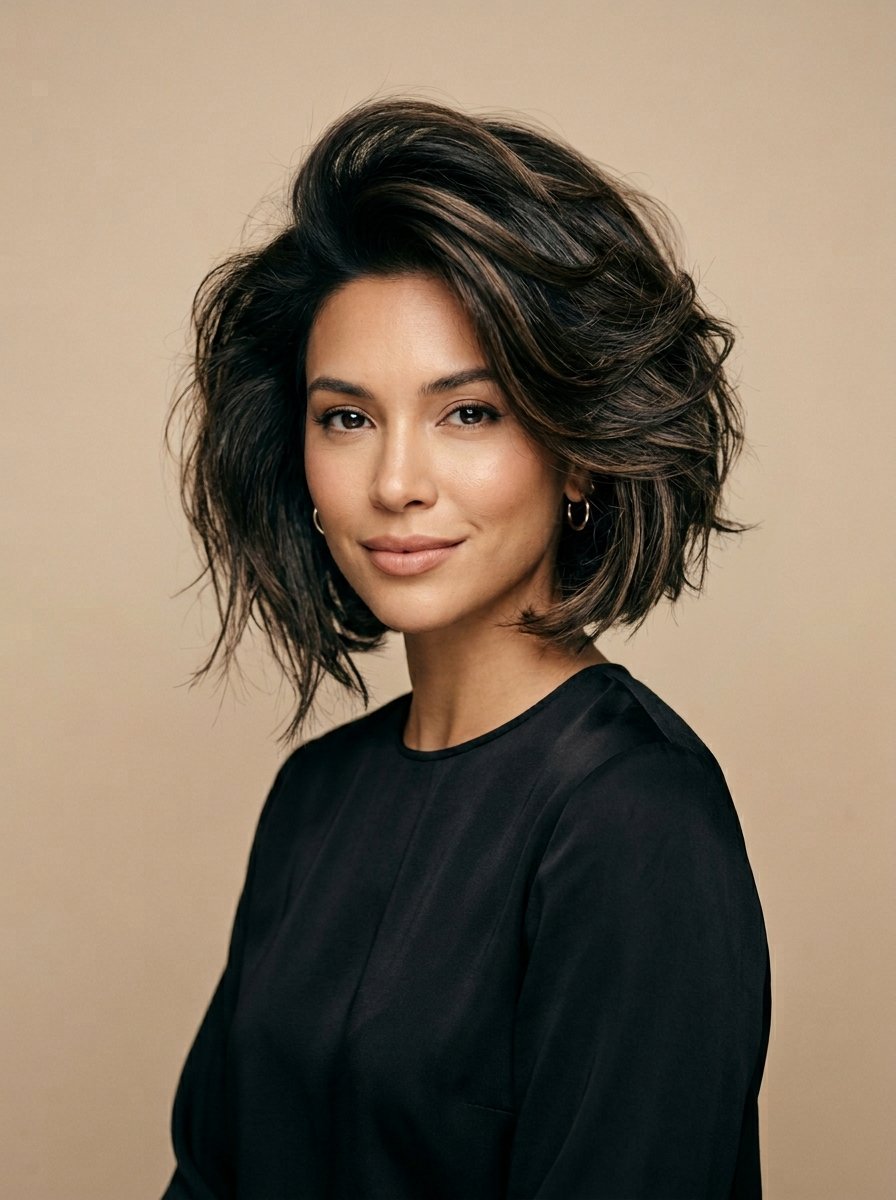 Portrait of a smiling woman with shoulder-length wavy dark brown hair wearing a black top.