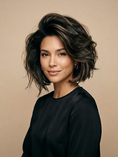 Portrait of a woman with shoulder-length brunette hair styled with volume against a tan background.