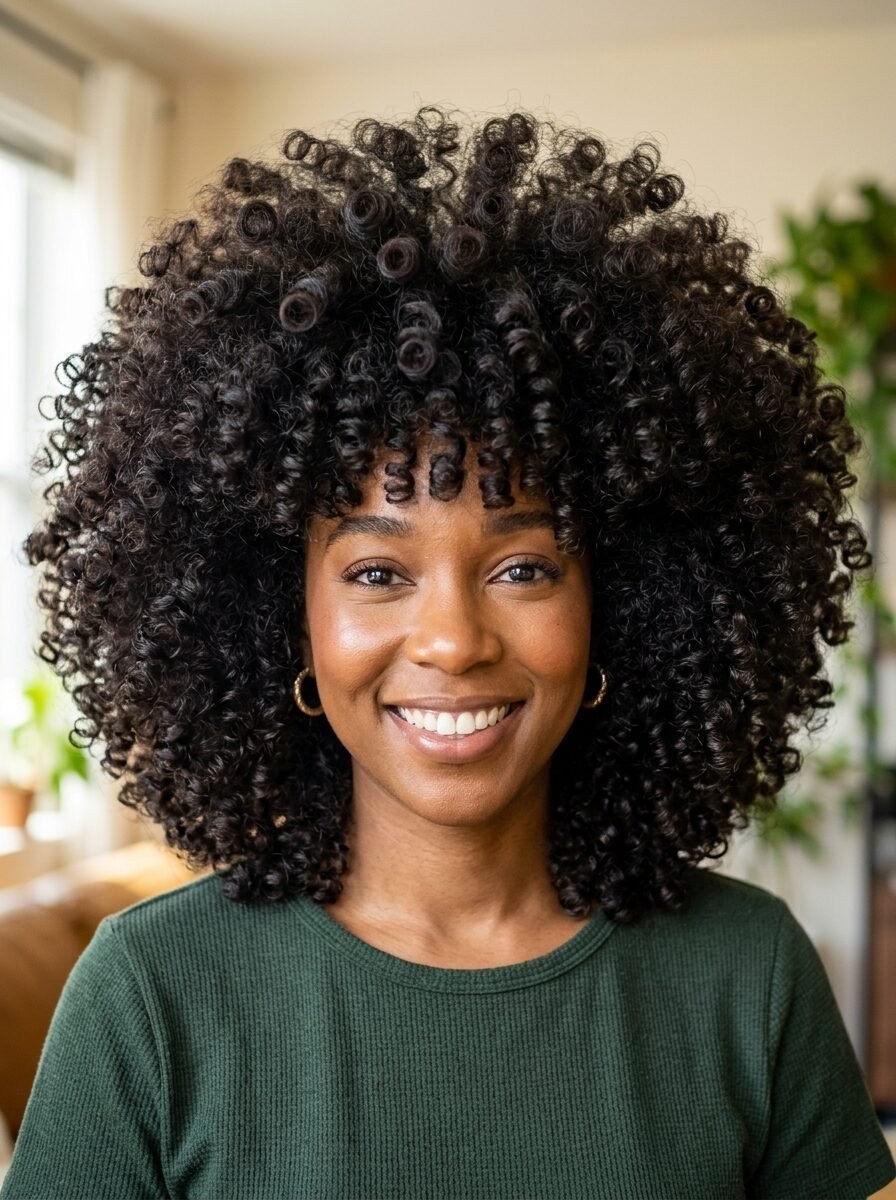 Portrait of a smiling Black woman with a thick afro-textured curly hairstyle wearing a green shirt.