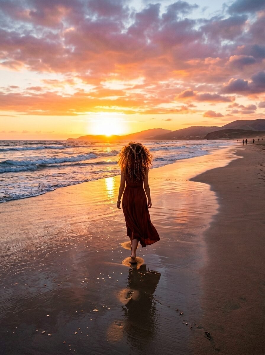 A person with long curly hair in a brown dress walks barefoot on wet sand during a colorful coastal sunset.