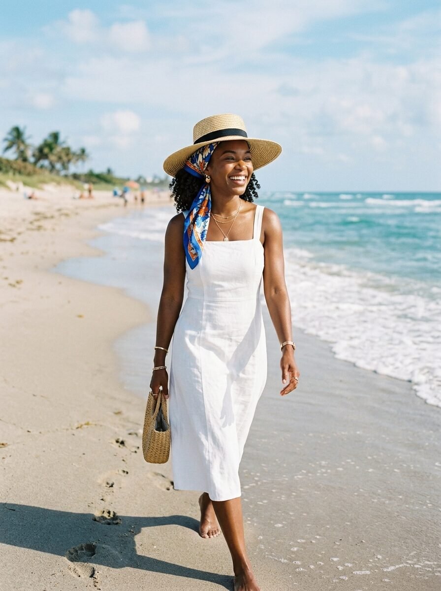 Smiling woman with curly hair, wearing a sun hat and white midi dress, walks barefoot on a sandy beach.