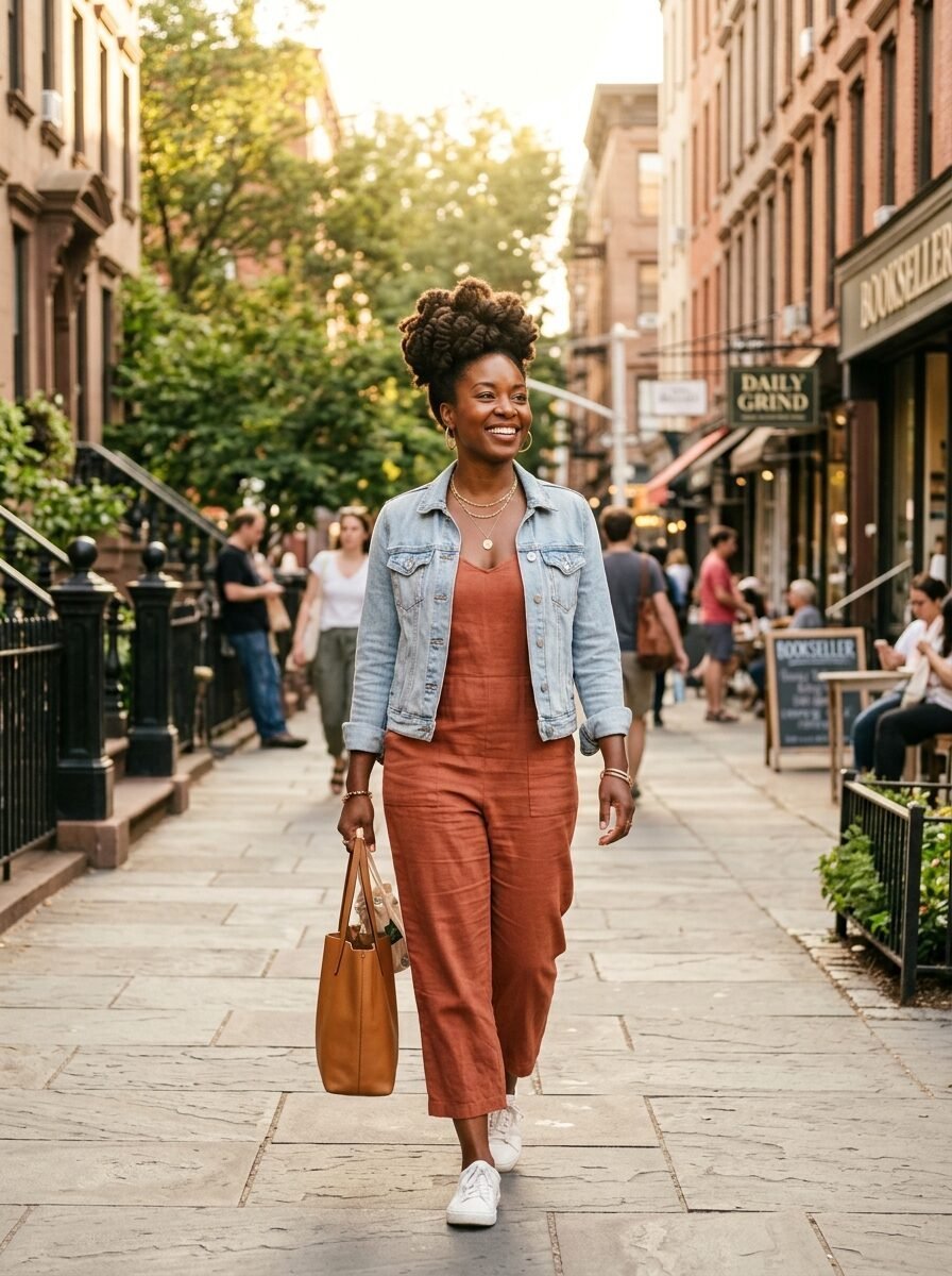 A smiling Black woman with a natural updo walks along a city street carrying a brown leather tote bag.