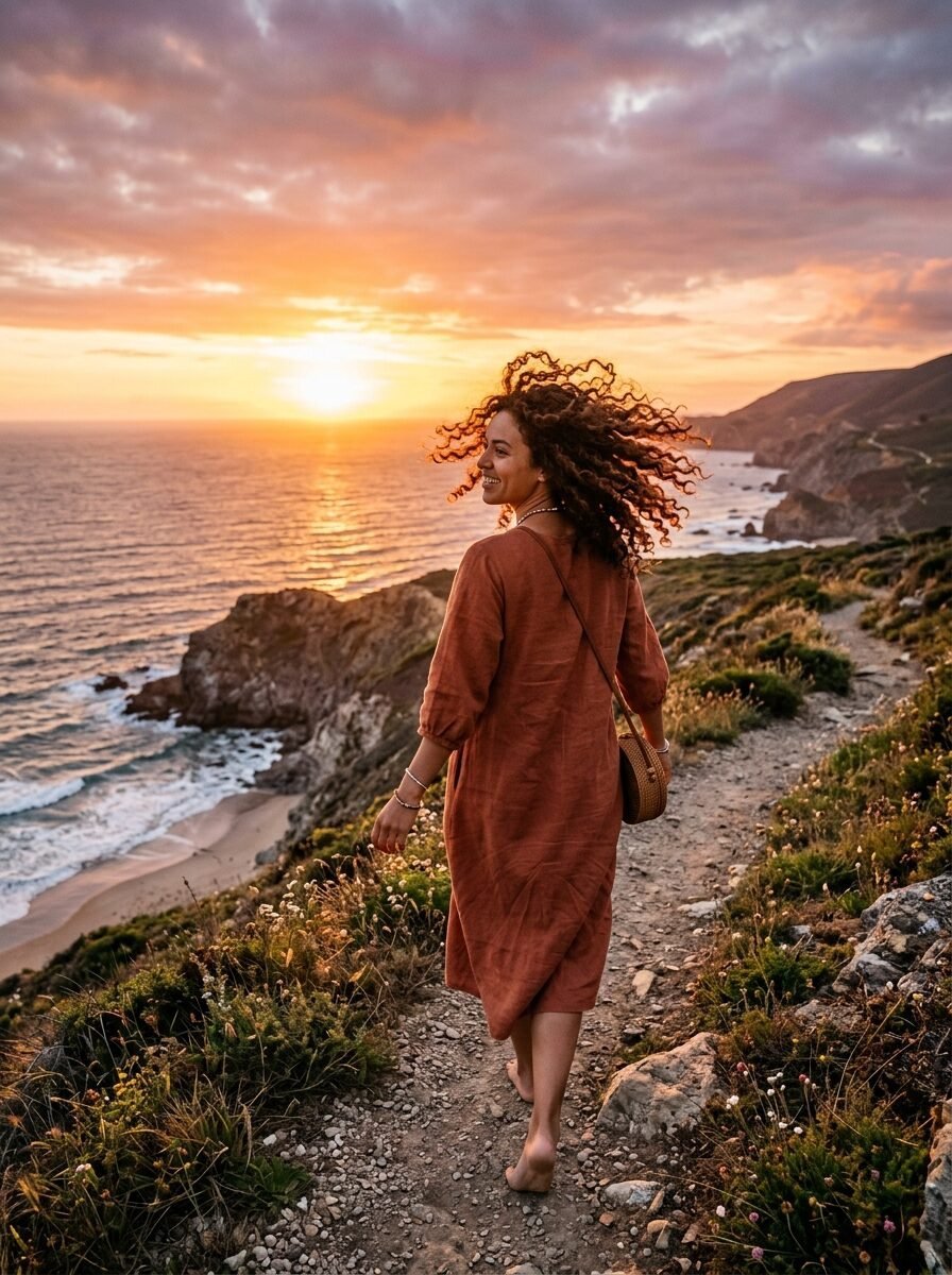A smiling woman in a brown linen dress strolling barefoot on a rocky trail overlooking the ocean at golden hour.