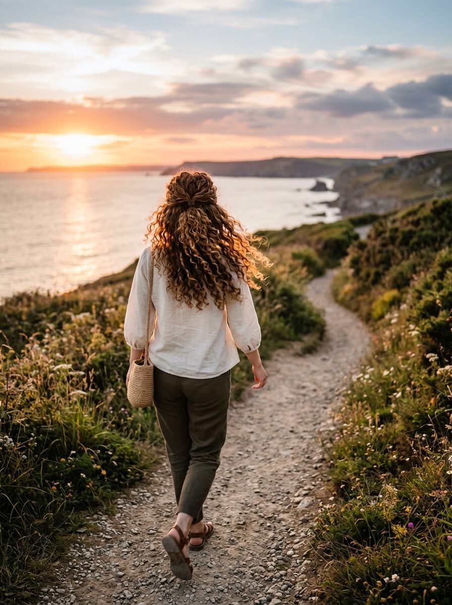 Back view of a woman with long curly hair strolling on a rocky trail overlooking the ocean during golden hour.