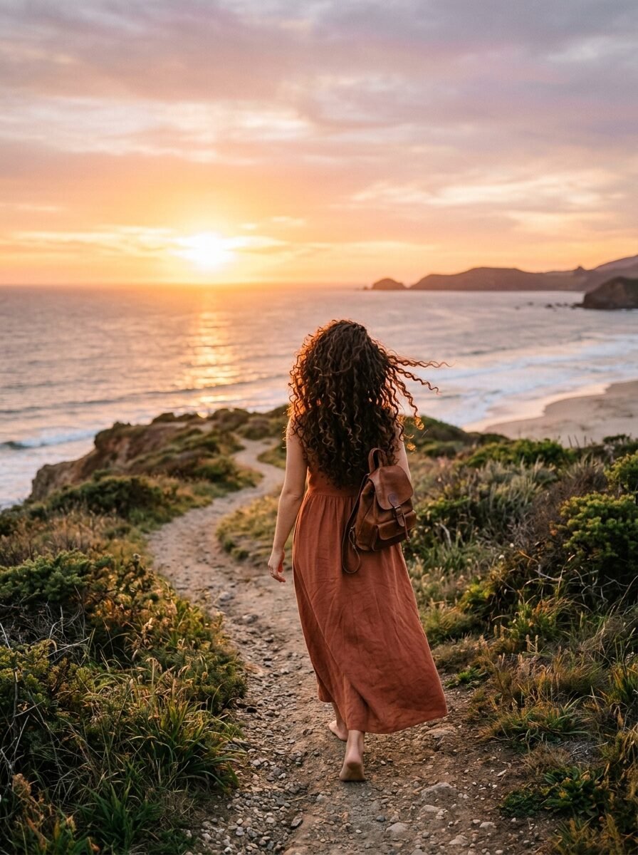 Curly-haired woman in a long brown dress and backpack walking on a dirt trail toward the ocean at golden hour.