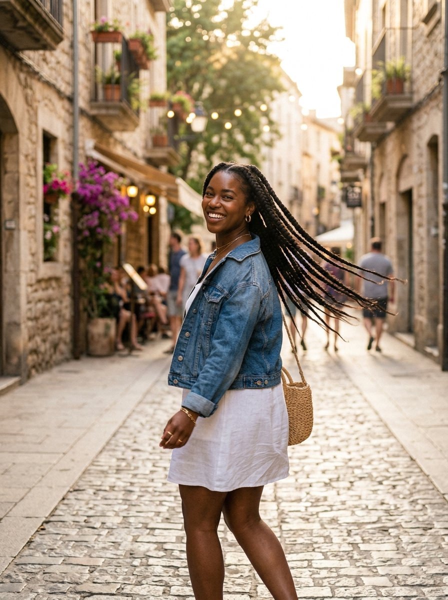 A young woman with long braids wearing a denim jacket and white dress walking down a historic stone alleyway.
