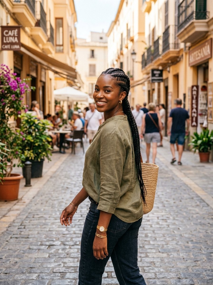 A young woman with long braids wearing an olive green shirt walks down a sunny, historic cobblestone pedestrian path.