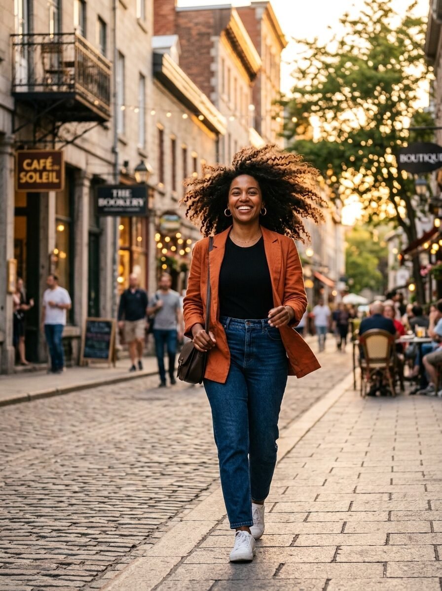 Smiling woman in an orange blazer and jeans walking along a historic European-style cobblestone street at sunset.