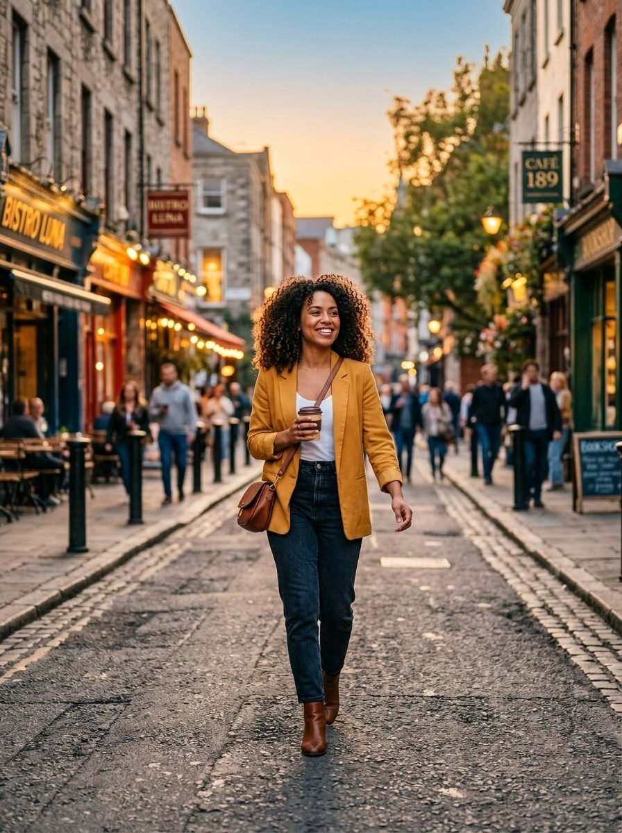 A woman with curly hair wears a yellow jacket while carrying a coffee cup on a busy cobblestone road.