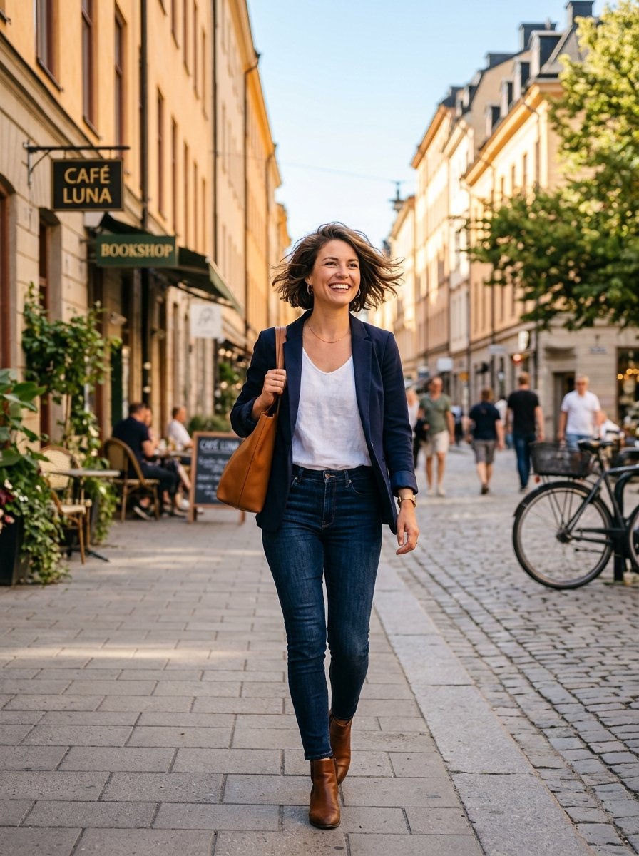 A smiling woman in jeans and a navy blazer walks along a historic street with cafes and a bicycle.