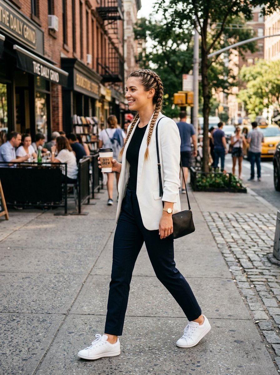 Young woman with braided hair wearing a white blazer, black pants, and white sneakers walks on a New York city street.