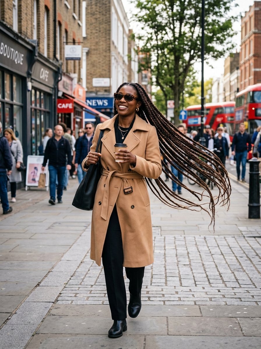 A woman with long braids wearing a beige trench coat holds a coffee cup while walking down a busy city sidewalk.