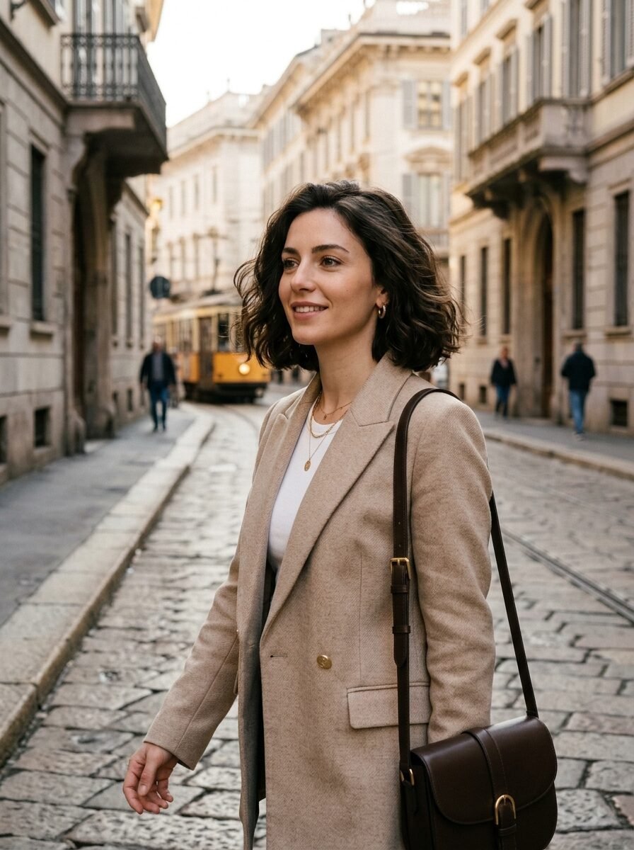 Smiling woman with wavy dark hair wearing a beige blazer and carrying a dark leather handbag on a European street.