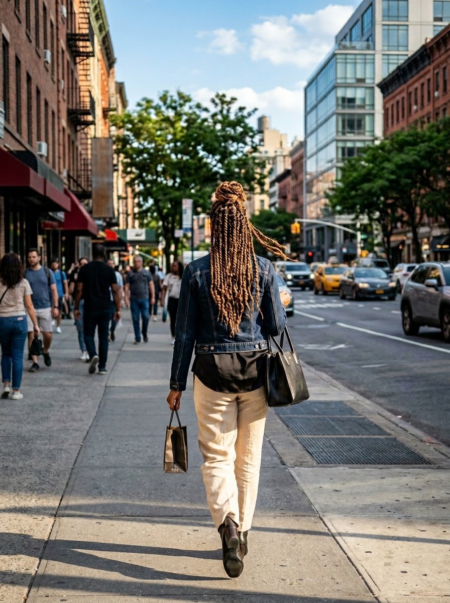 A woman with blonde dreadlocks walking away on a sidewalk with a shopping bag and shoulder tote.
