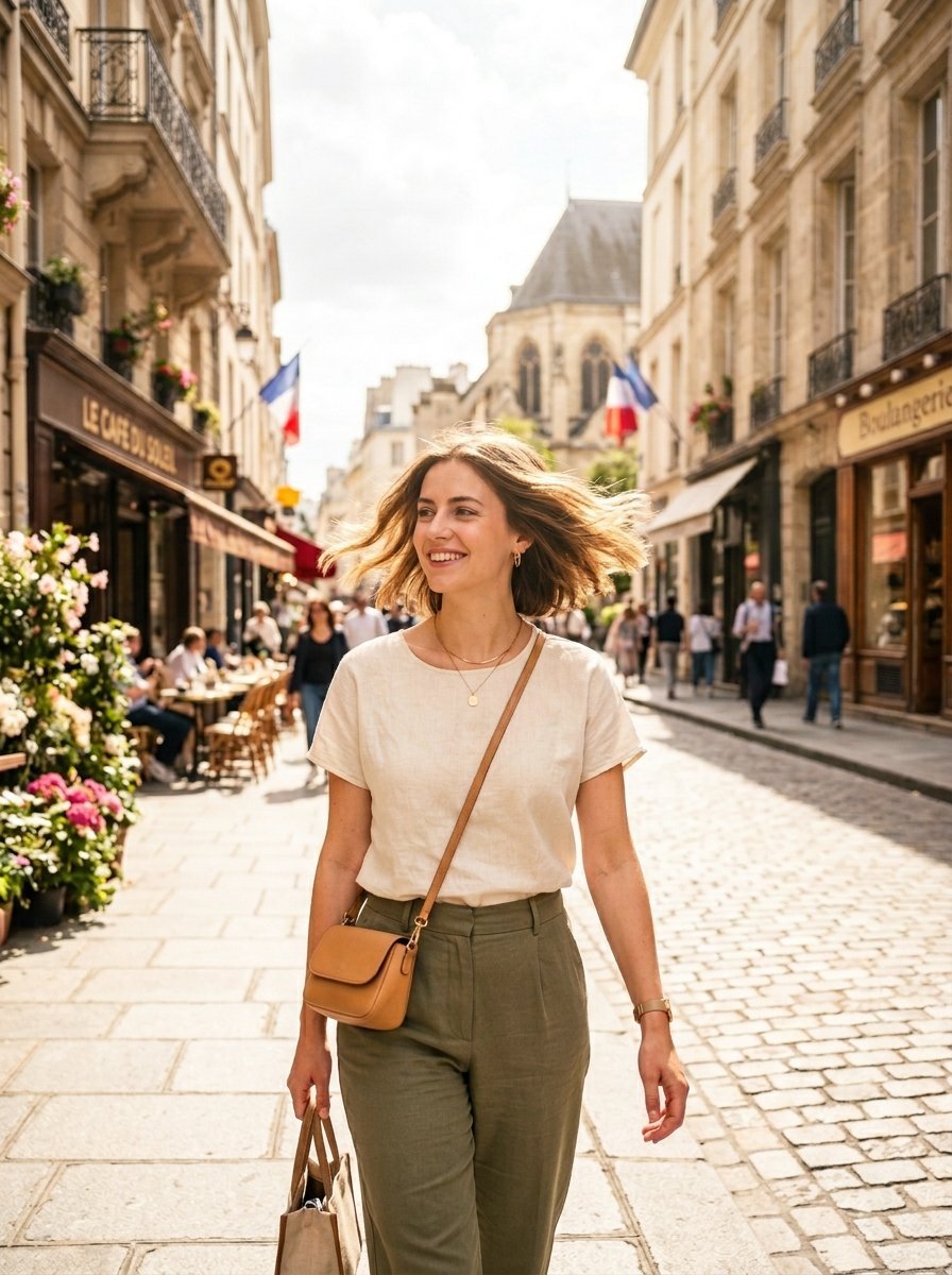 A smiling woman with bobbed hair walking down a European street with historic buildings and cafes.