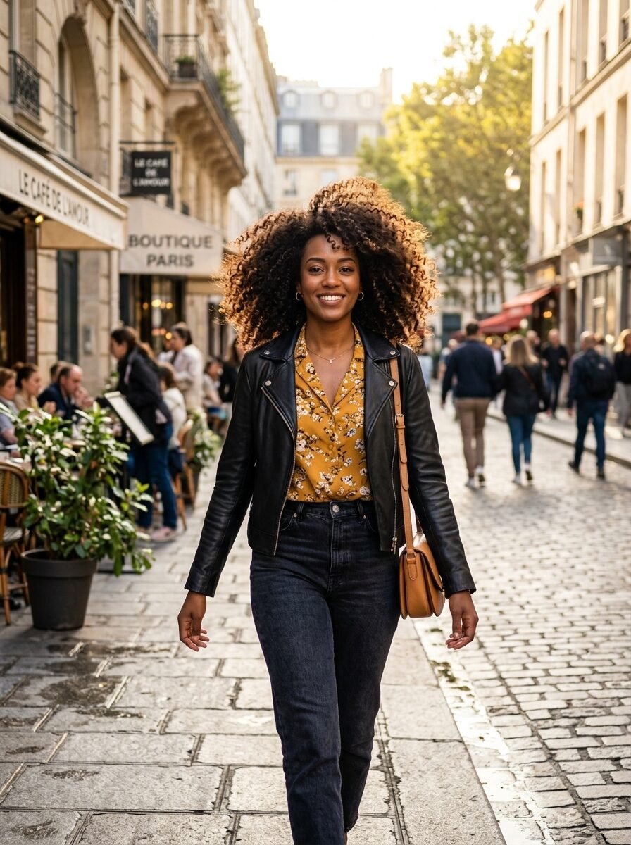 A woman with curly hair wearing a leather jacket and floral top strolling down a busy Parisian sidewalk.