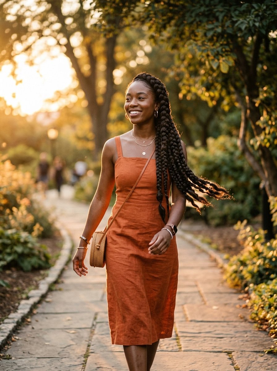 A Black woman with long braids walks along a stone path in a park during a golden hour sunset.