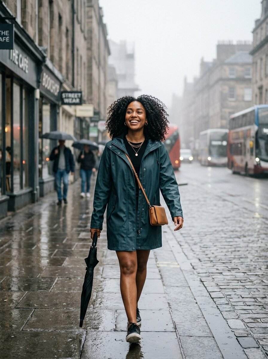 A smiling Black woman with curly hair walks on a wet cobblestone street carrying a folded black umbrella.