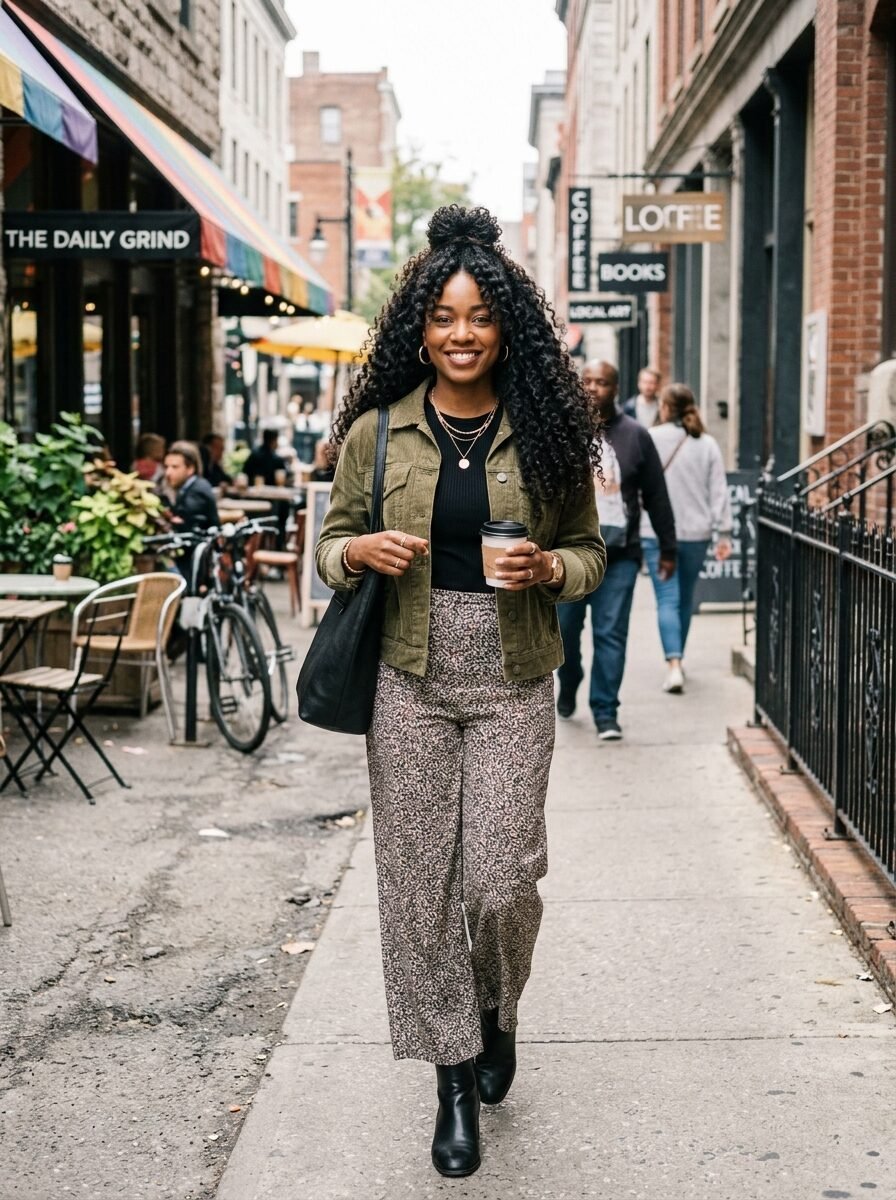 A curly-haired woman wearing an olive jacket and printed pants walking down a city sidewalk with a coffee cup.