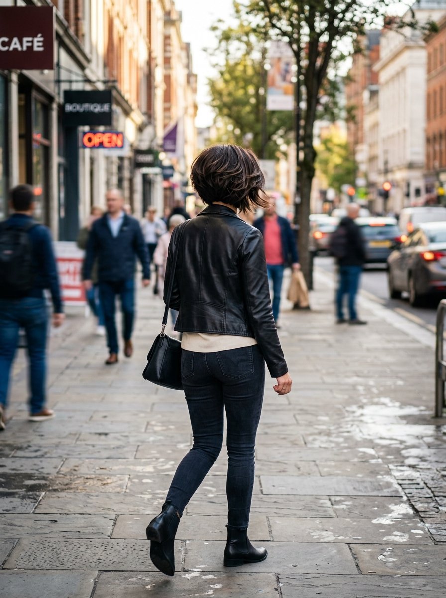 Rear view of a woman wearing a black leather jacket and jeans strolling on a sidewalk in a shopping district.