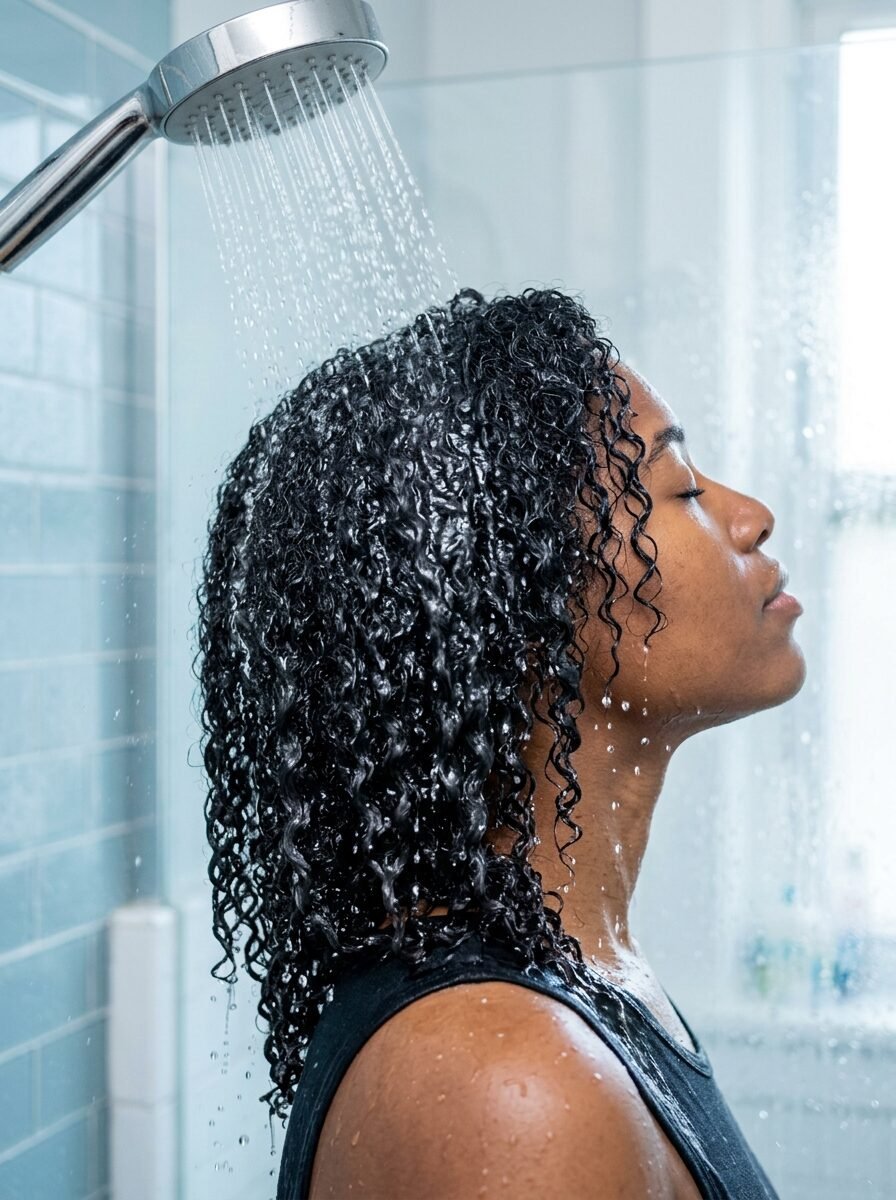 Close-up profile of a woman standing in a shower with water falling over her wet, curly dark hair.