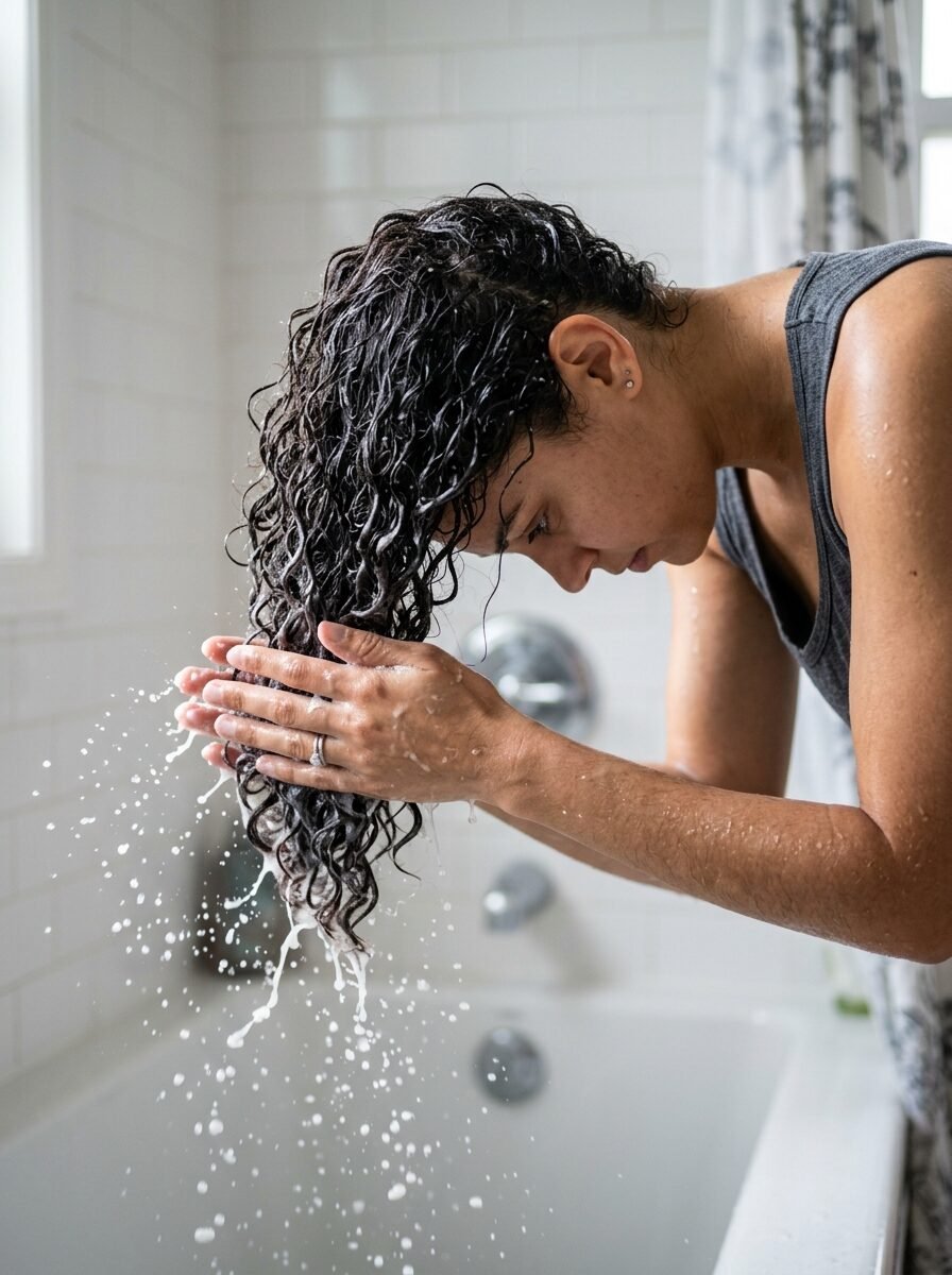 Close up of a woman with dark curly hair leaning over a bathtub while rinsing soapy water through her locks.