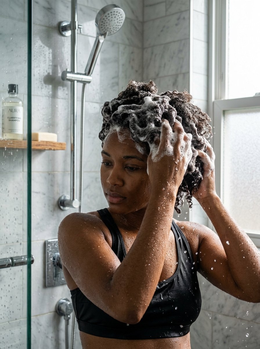 A person with dark curly hair lathering shampoo into their scalp while standing in a marble tile shower.