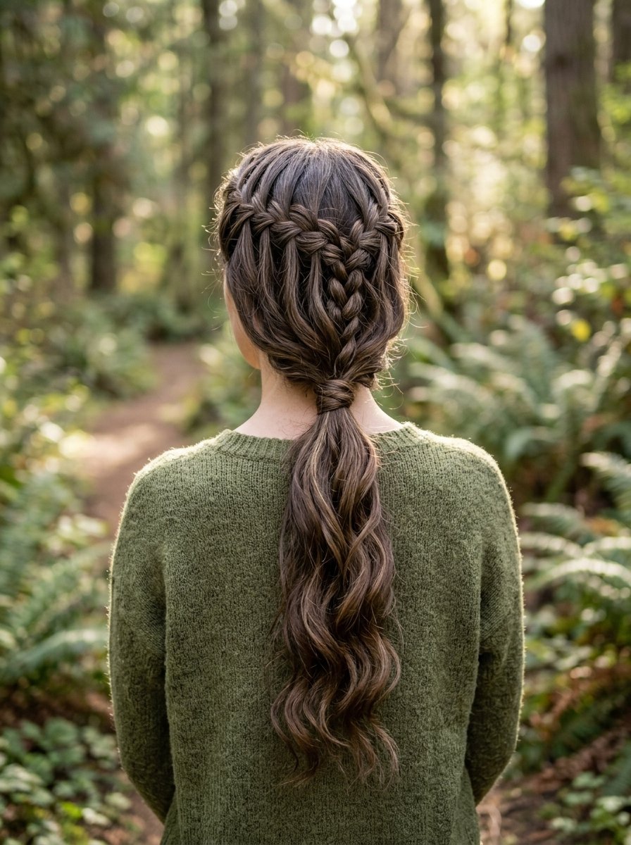 Back view of a woman with long wavy hair in a waterfall braid, wearing a green sweater in a woodland setting.